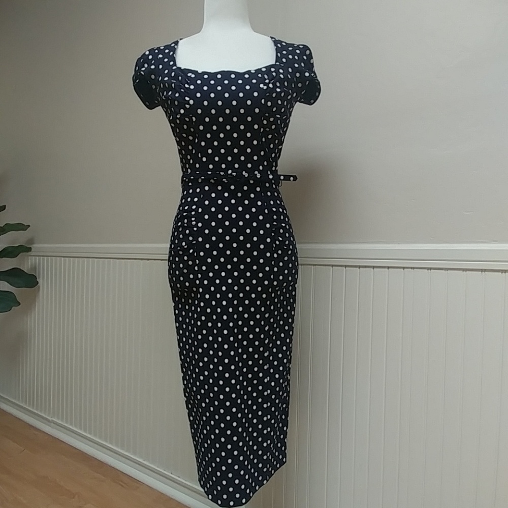 Vintage inspired navy blue polka dot dress